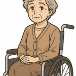 車いすに乗っている60代未亡人のイラスト