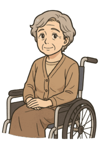 車いすに乗っている60代未亡人のイラスト
